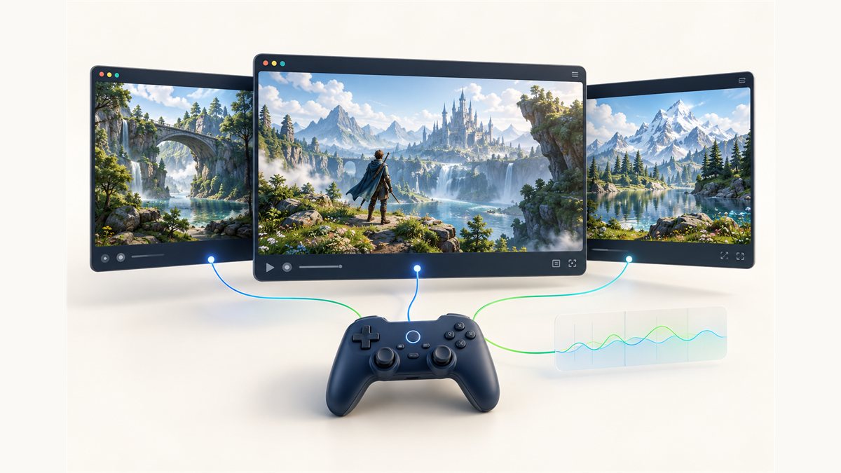 Three emulator windows with a game controller and frame-pacing graph