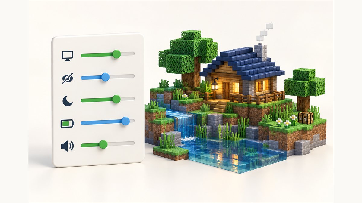 Minecraft settings illustration with frame-rate, volume, idle and battery controls