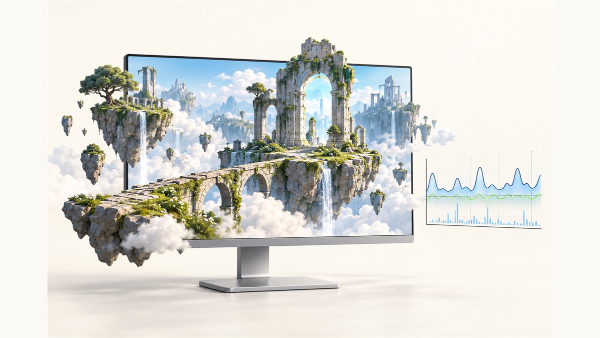 Floating fantasy sky islands in an emulator window with a frame-pacing diagram
