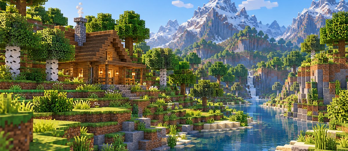 Minecraft landscape with a wooden cabin, trees and a river